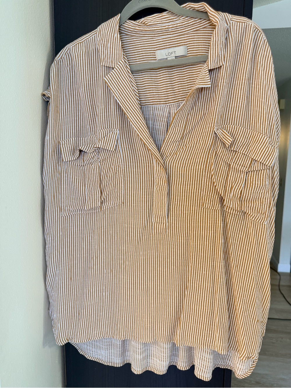 LOFT Tan and White Striped Button-Neck Blouse